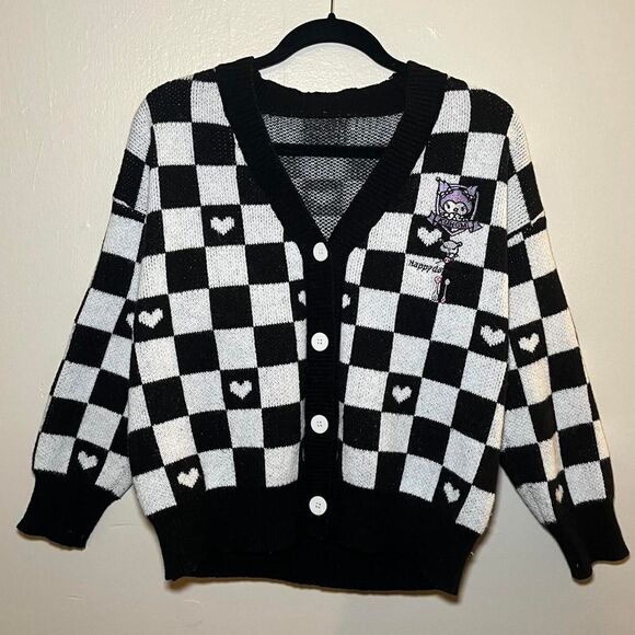 Sweaters - Kuromi Checkered Cardigan Black and White
